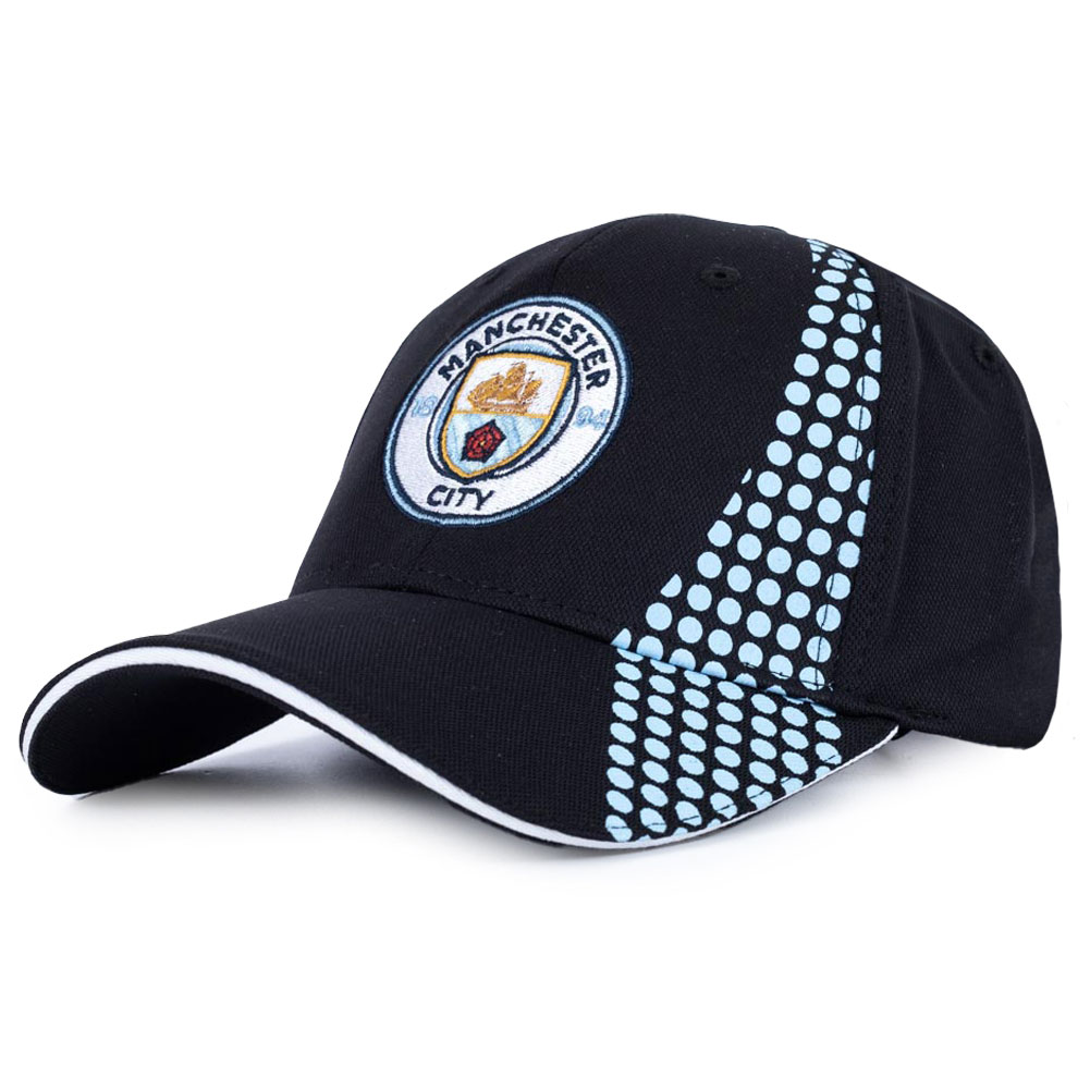 Manchester City FC black curved brim cap with a sky blue dot detail and City and UCL logos