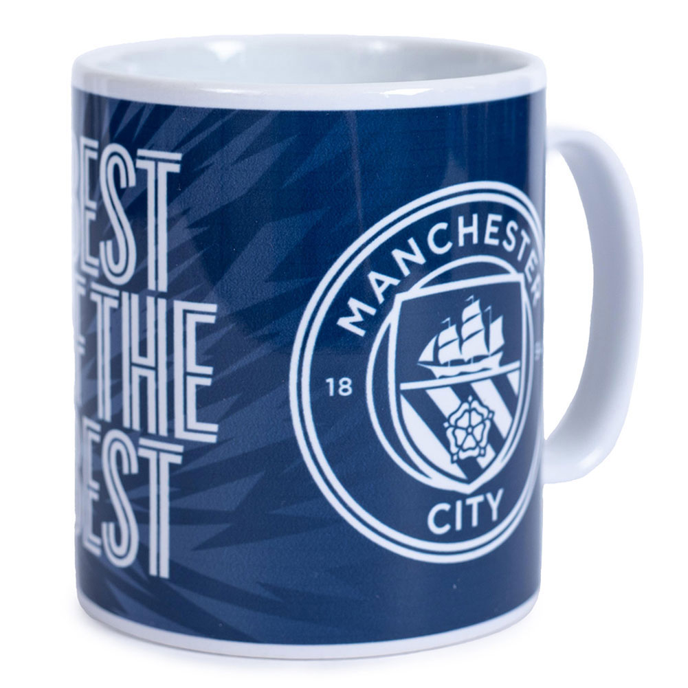Blue Manchester City FC mug with a large Man City crest, Best of the Best text and UEFA Champions League starball