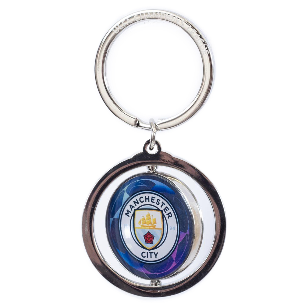 Manchester City FC silver finish metal spinner keyring with a spinning logo and UEFA Champions League logo