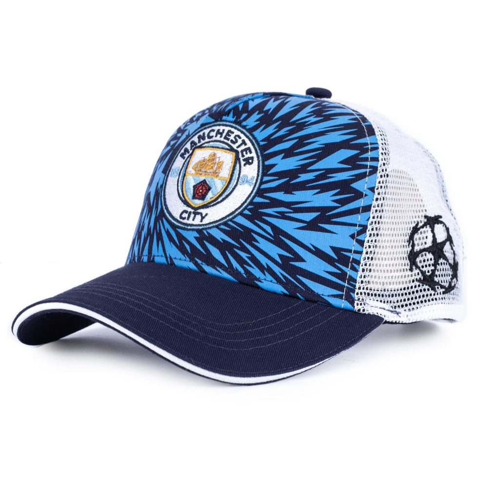 Manchester City FC bright blue trucker cap with City and UCL logos and a white mesh back
