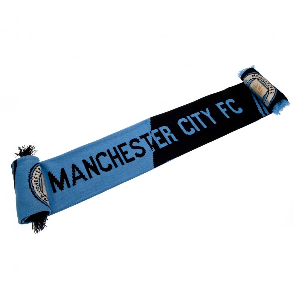 Manchester City FC half sky blue and half navy Vertigo jacquard knit scarf with contrast fringe and crest