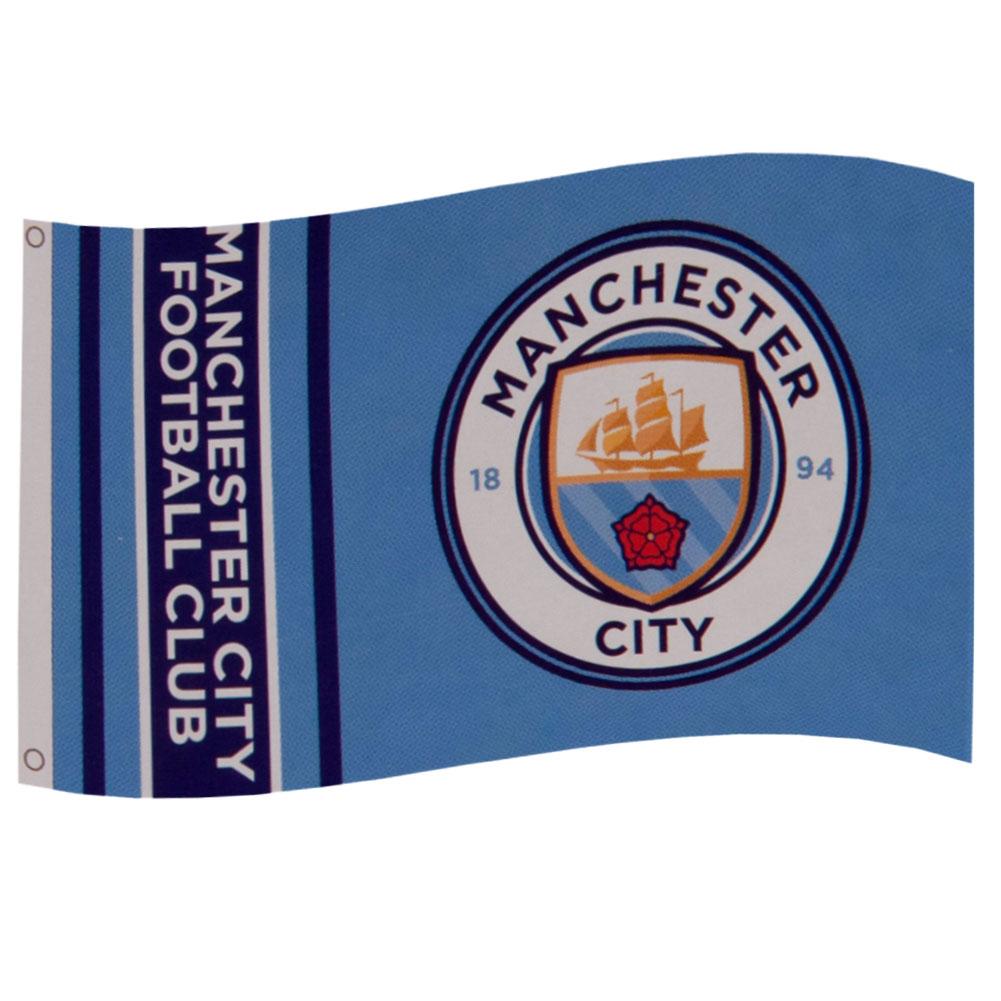 Manchester City FC sky blue wordmark flag with a full colour City crest, navy stripe design and text