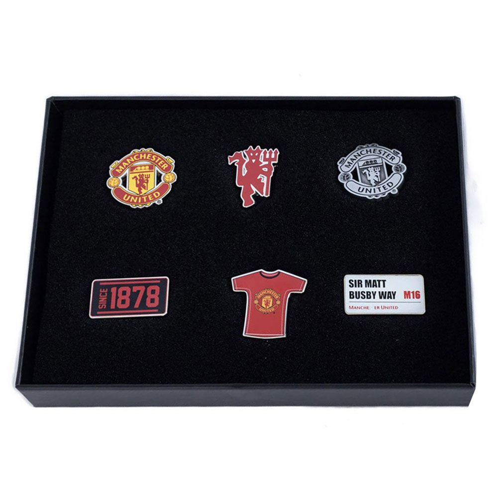 Manchester United FC set of six different metal pin badges with full colour infill and silver style finish