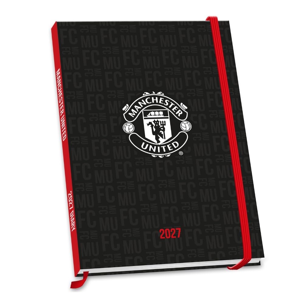 Manchester United FC black hardback A5 2027 diary with a white United crest and an elastic closure