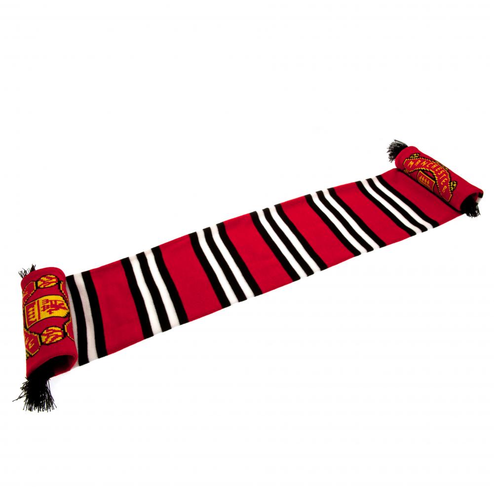 Manchester United FC red, white and black bar stripe jacquard knit scarf with black fringe and crest