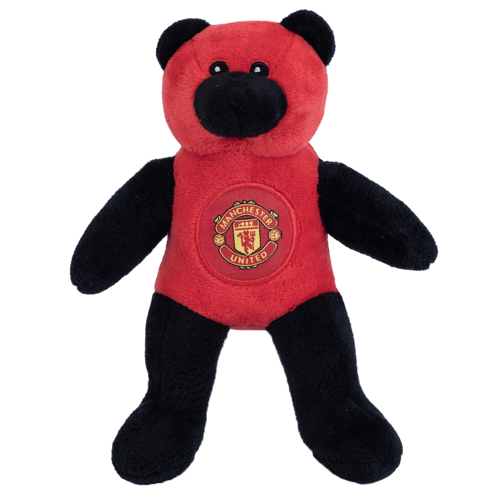 Manchester United FC red and black mini plush bear with stitched features and a large woven club crest