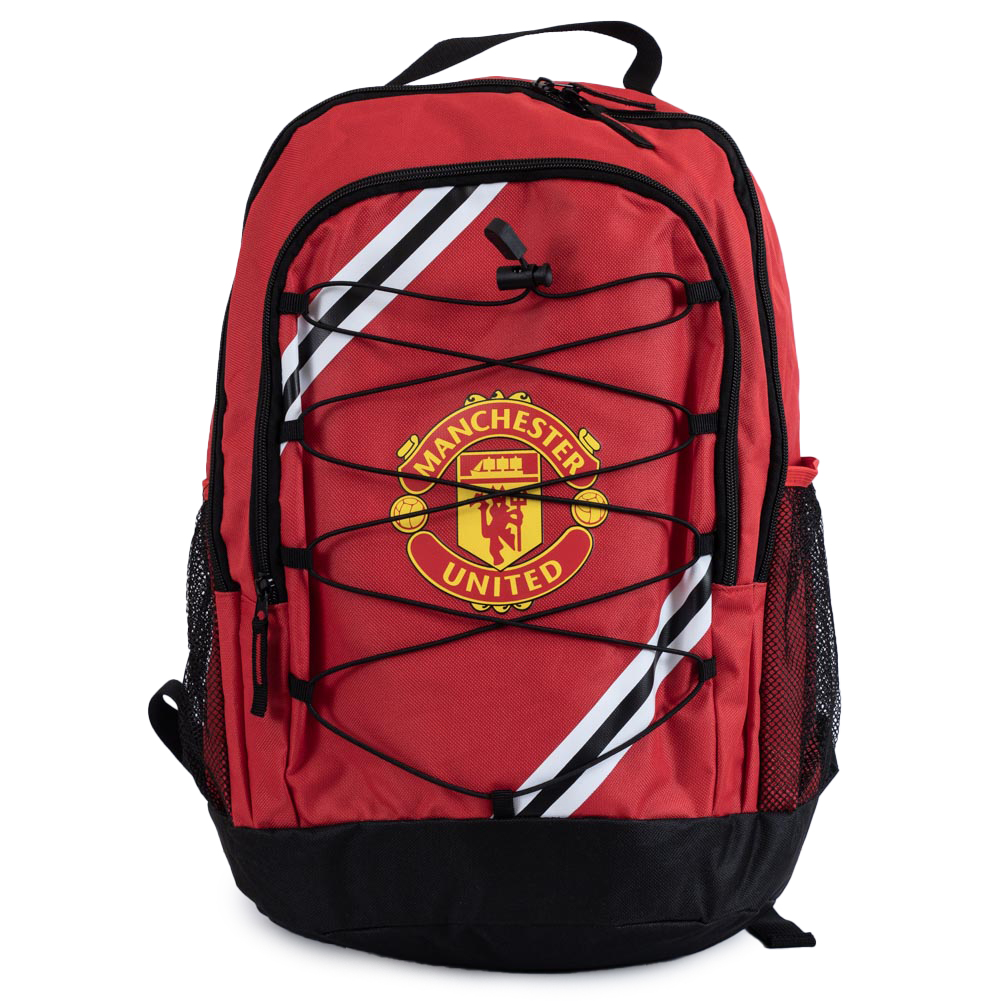Manchester United FC core stripe design backpack with the MUFC club crest