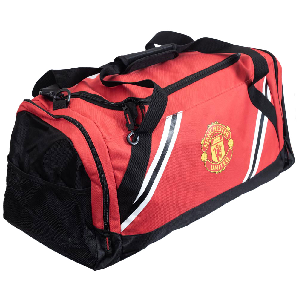 Manchester United core stripe holdall with a full colour club crest, carry handles and a shoulder strap