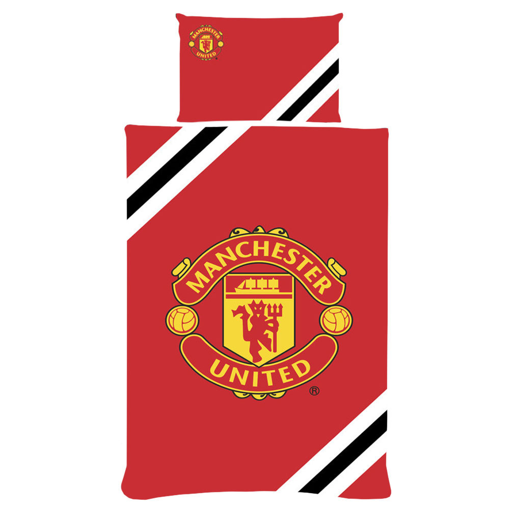 Manchester United FC core stripe single duvet cover with a large club crest and black, red and white stripes