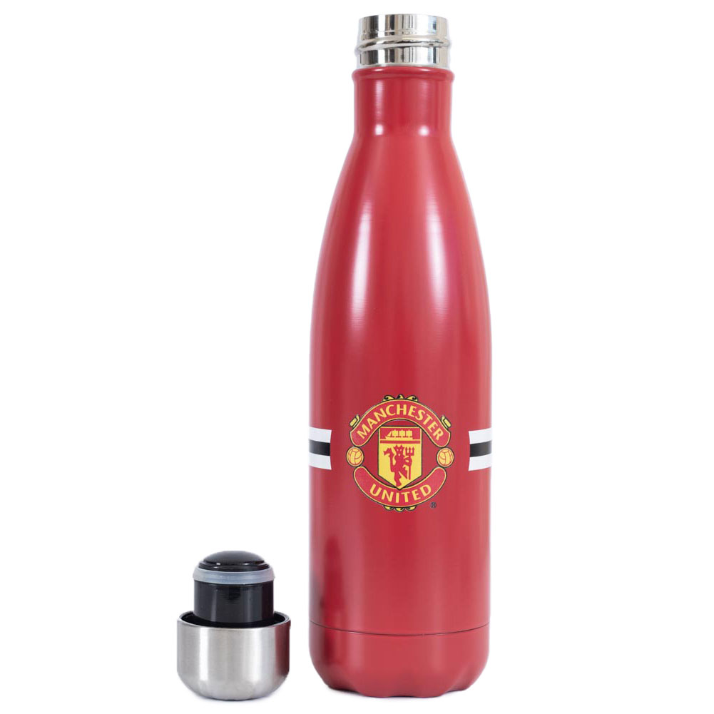 Manchester United FC red stainless steel thermal vacuum flask with a core stripe design and full colour crest