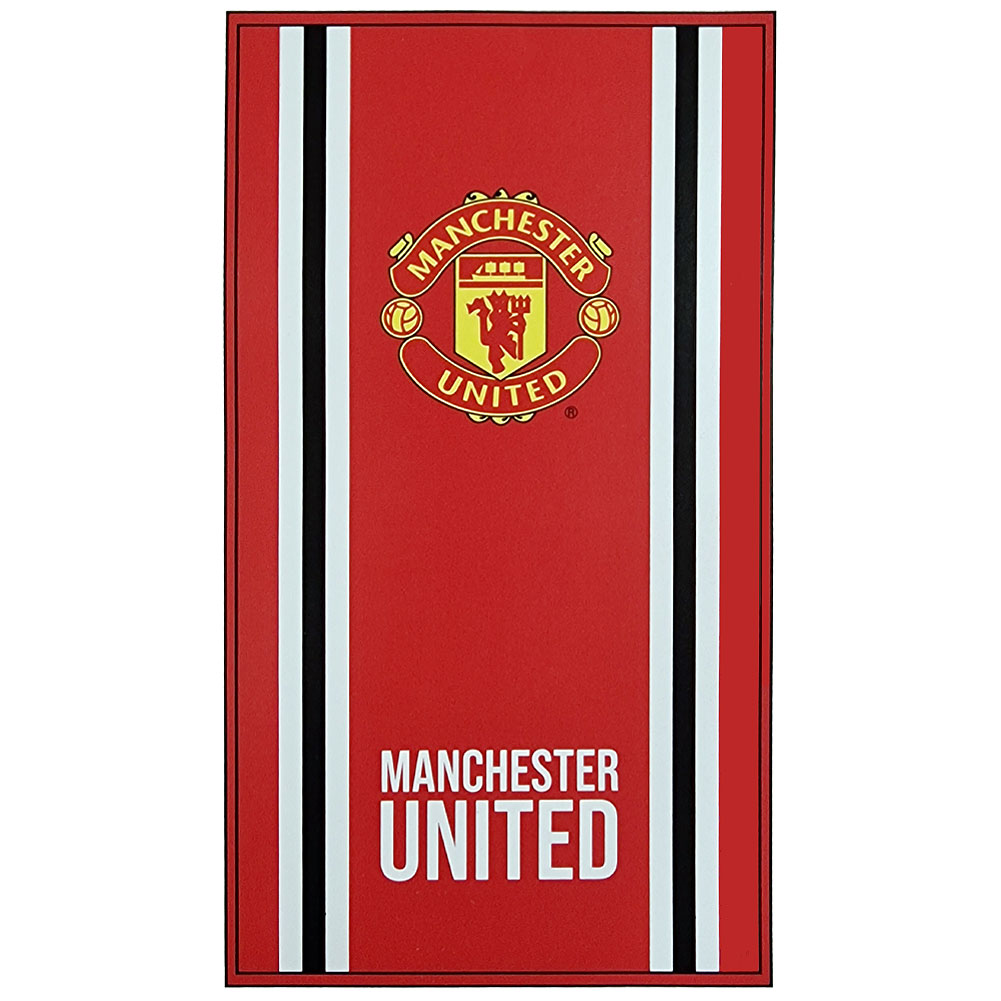 Manchester United FC Core Stripe cotton velour beach towel with a full colour club crest and text