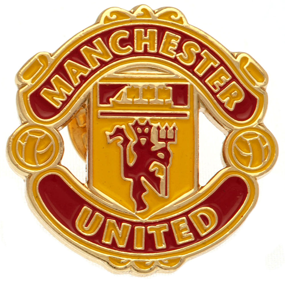 Manchester United FC crest shaped metal pin badge with full colour enamel infill and gold style finish