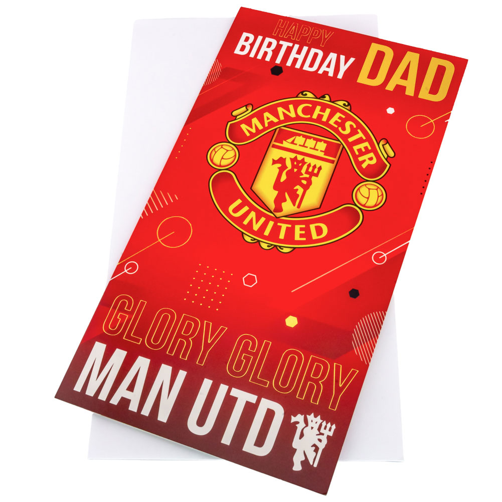 Manchester United FC red gloss dad birthday card with Happy Birthday Dad text and a Man United crest