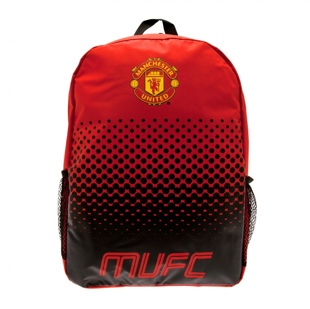 Manchester United FC fade design backpack featuring MUFC text and the club crest