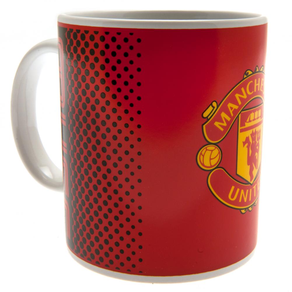 Manchester United FC ceramic mug with a fade design featuring MUFC text and a full colour club crest