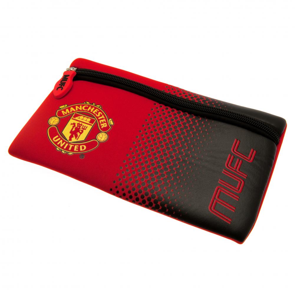 Manchester United FC neoprene zipped pencil case with a full colour United crest on a red and black fade design