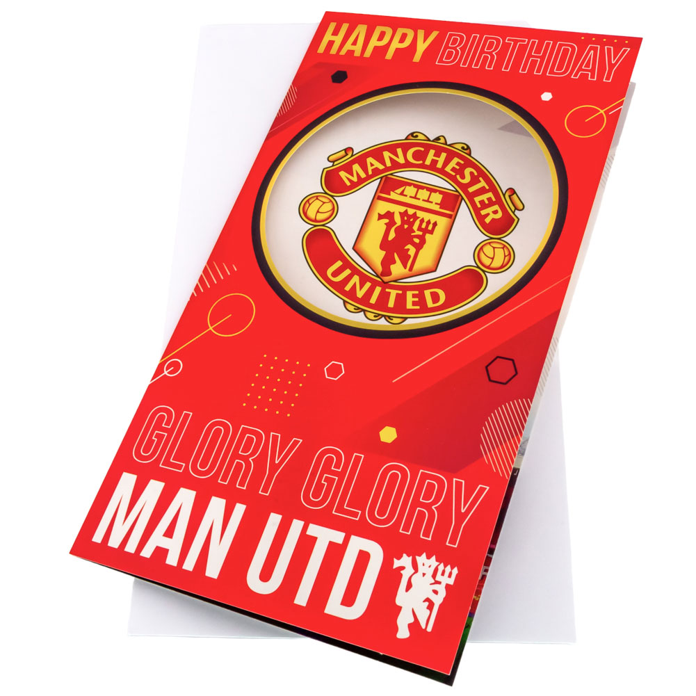 Manchester United FC fold out birthday card with a Man United crest and Glory Glory Man Utd text