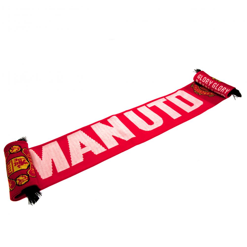 Manchester United FC red jacquard knit scarf with Glory Glory Man Utd text, black fringe and club crest