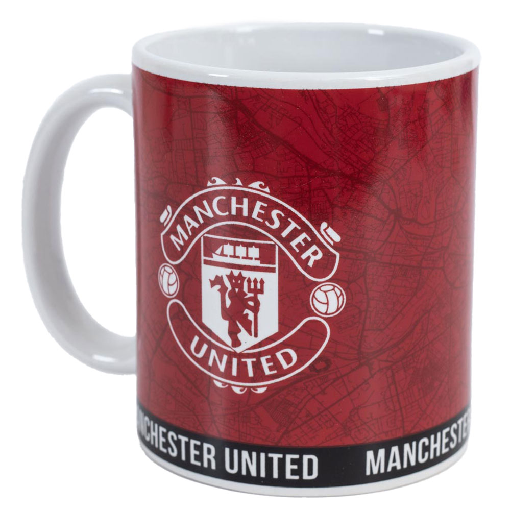 Manchester United FC ceramic mug with Manchester United text, white club crests and a white handle