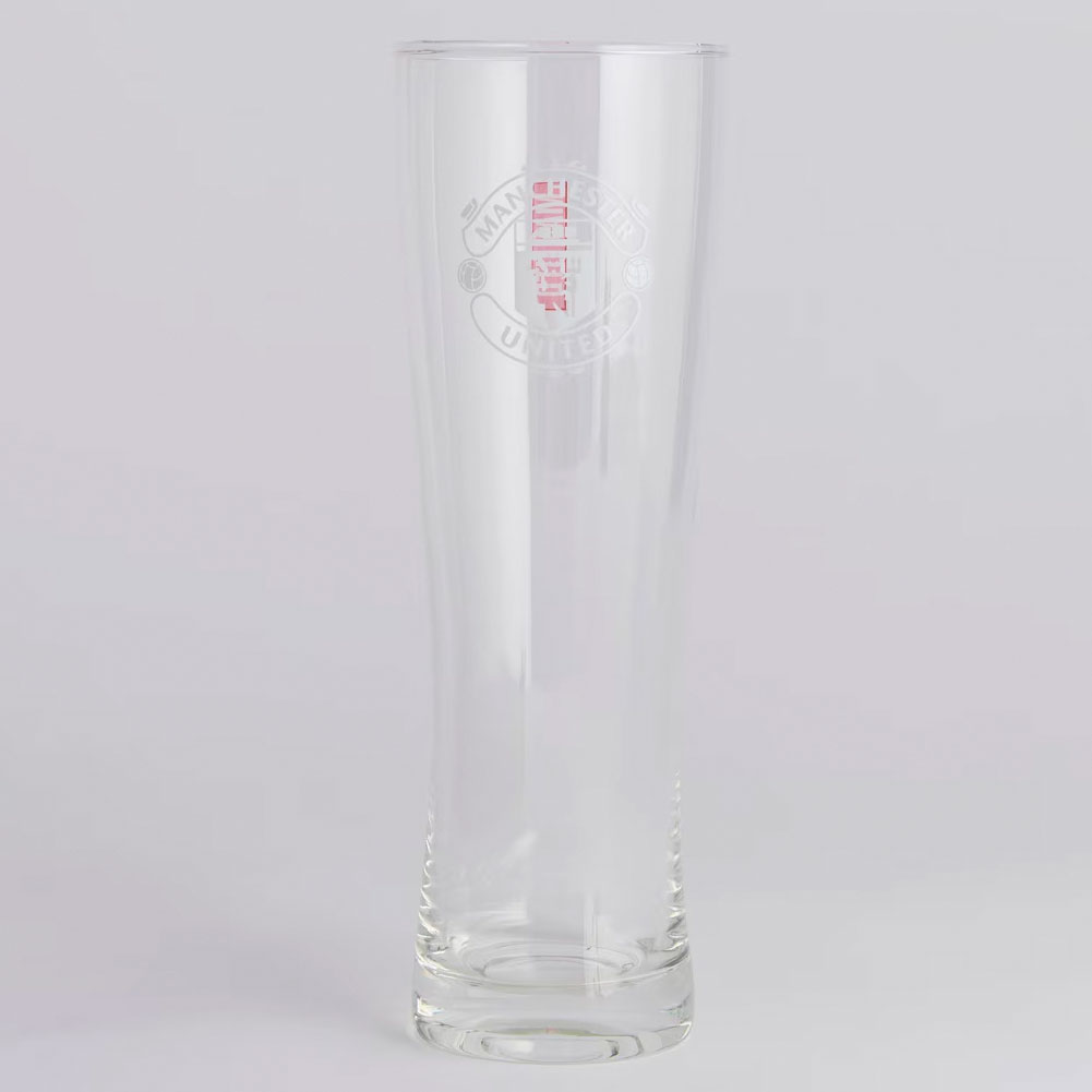 Manchester United FC tall slim pilsner style pint glass with a white Manchester United club crest