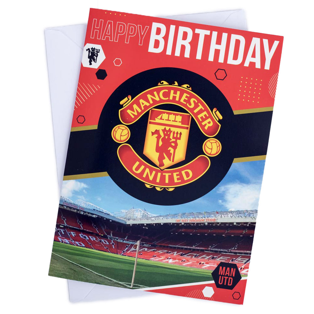 Manchester United FC vibrant red gloss musical birthday card with a large United crest on the front