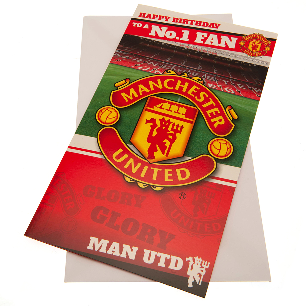 Manchester United FC vibrant red gloss No. 1 Fan birthday card with a Man United crest and stadium graphic