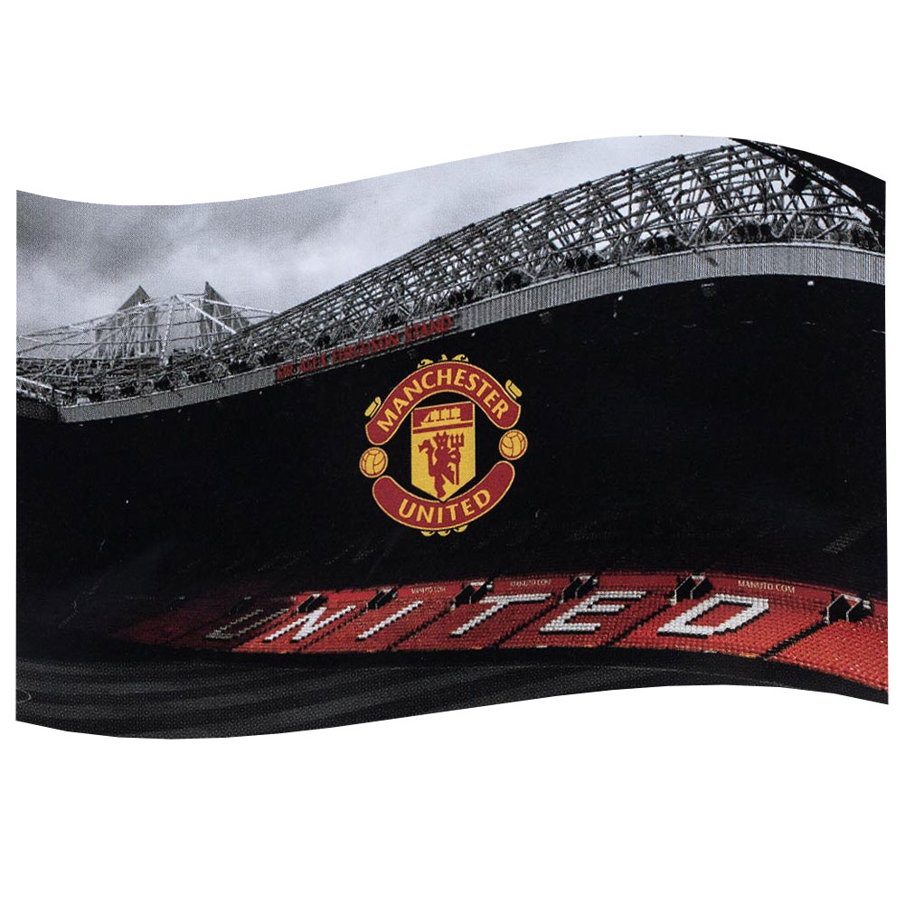 Manchester United FC supporters flag featuring Old Trafford stadium and a central full colour club crest