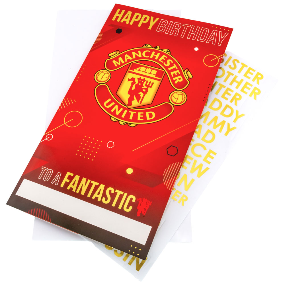 Manchester United FC vibrant red gloss birthday card with a large Man United crest and relation stickers