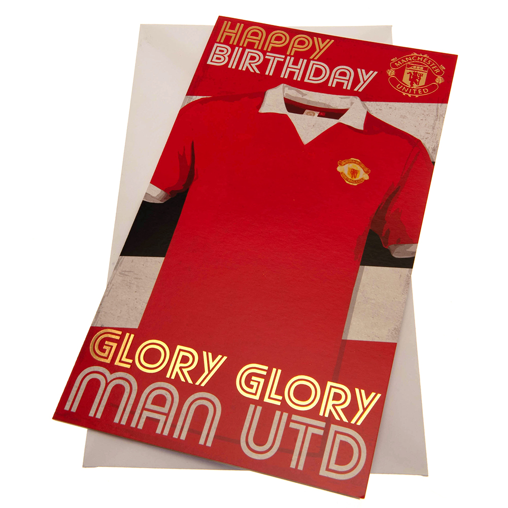 Manchester United FC vibrant red gloss birthday card with a large retro style Man United shirt