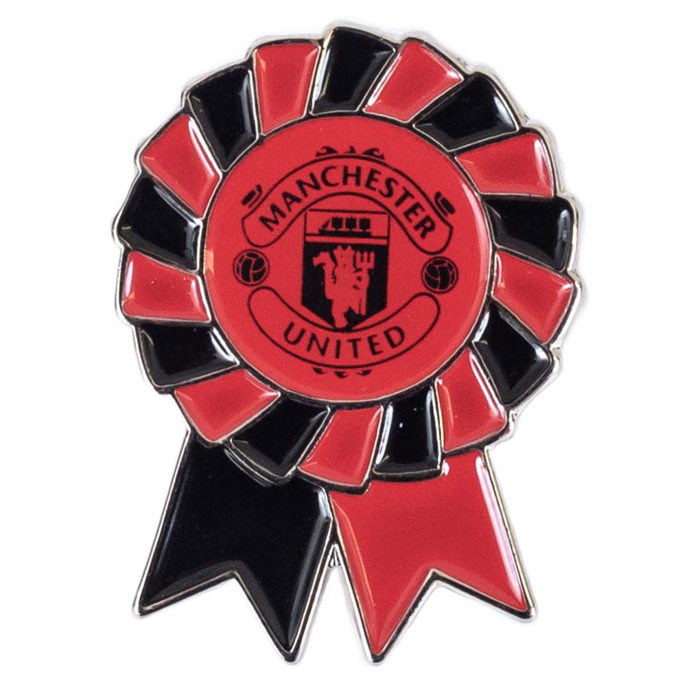 Manchester United FC rosette shaped metal pin badge with full colour enamel infill