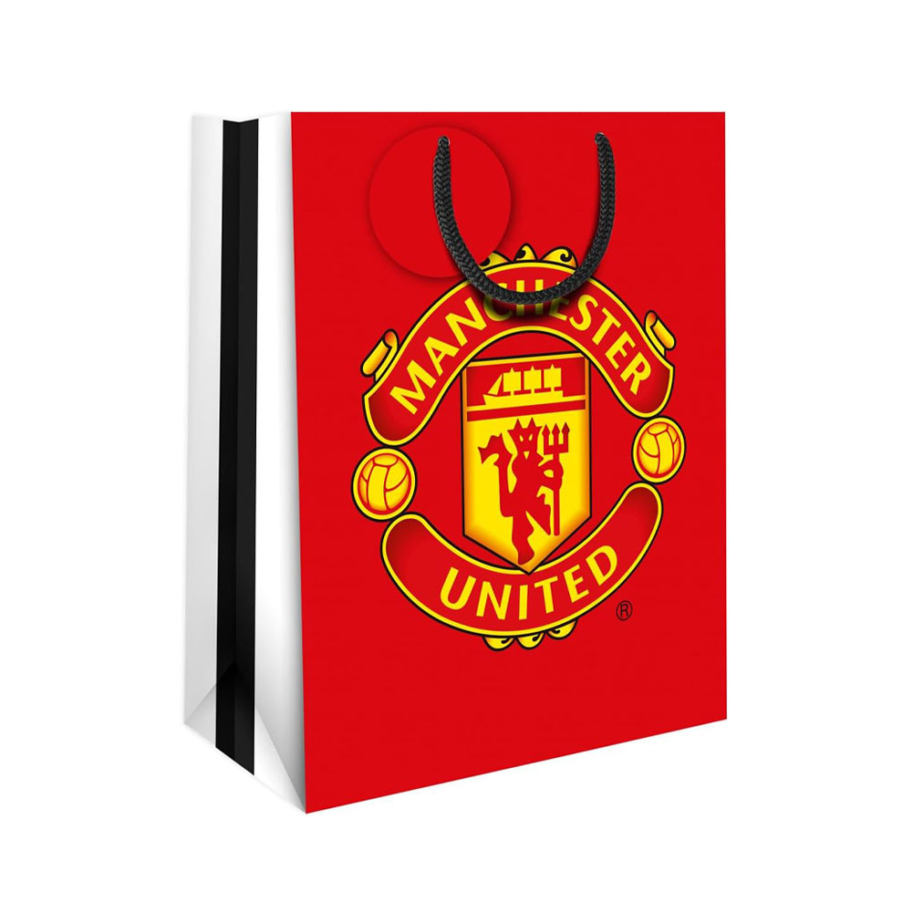 Manchester United FC small colour card gift bag with a full colour United crest and woven string handles