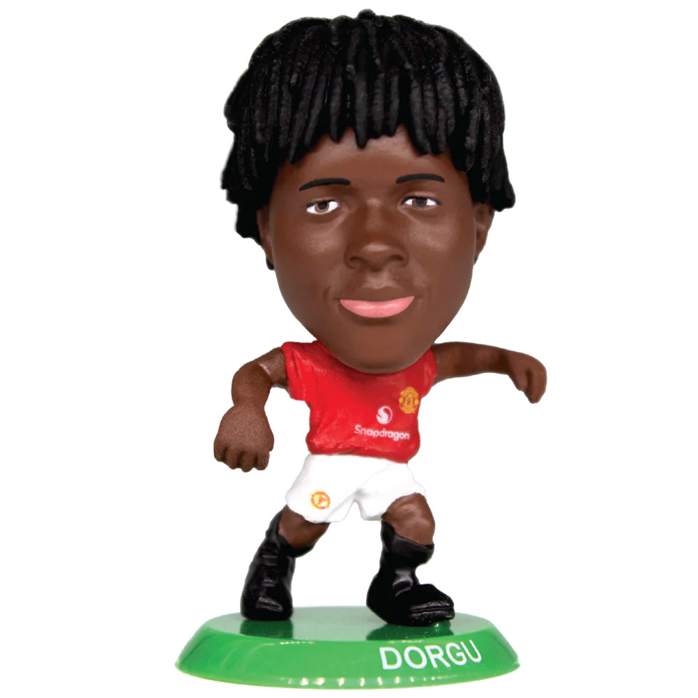 Patrick Dorgu SoccerStarz figure in the classic Man Utd home kit on a green base