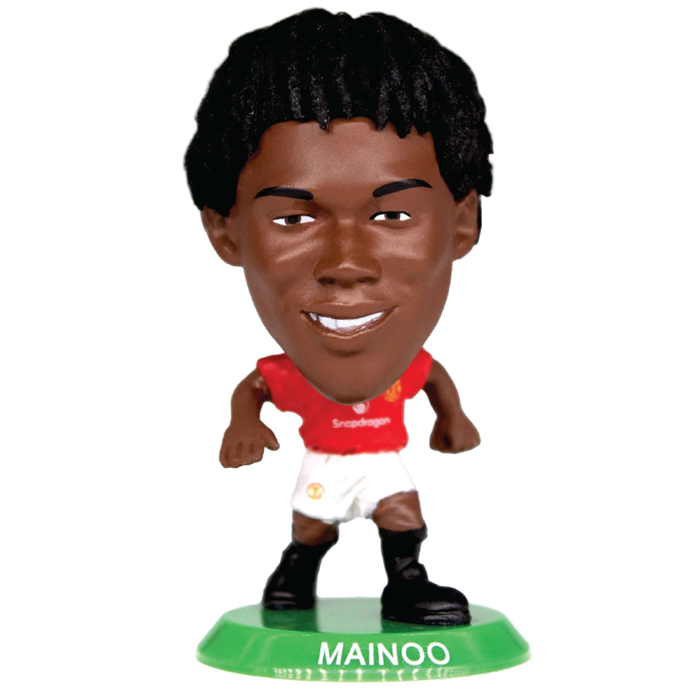 Mainoo SoccerStarz figure in the classic Man Utd home kit on a green base