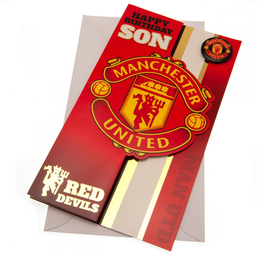 Manchester United FC colourful gloss son birthday card with a large United crest on a stripe background