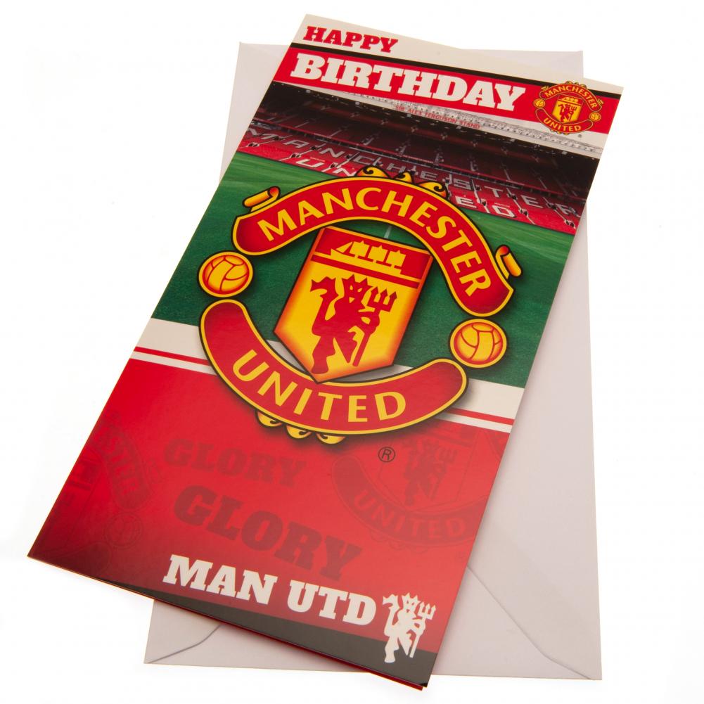 Manchester United FC vibrant red gloss birthday card with a large Man United crest and stadium graphic