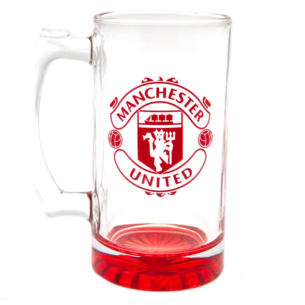 Manchester United FC glass stein tankard with a red base and the club crest