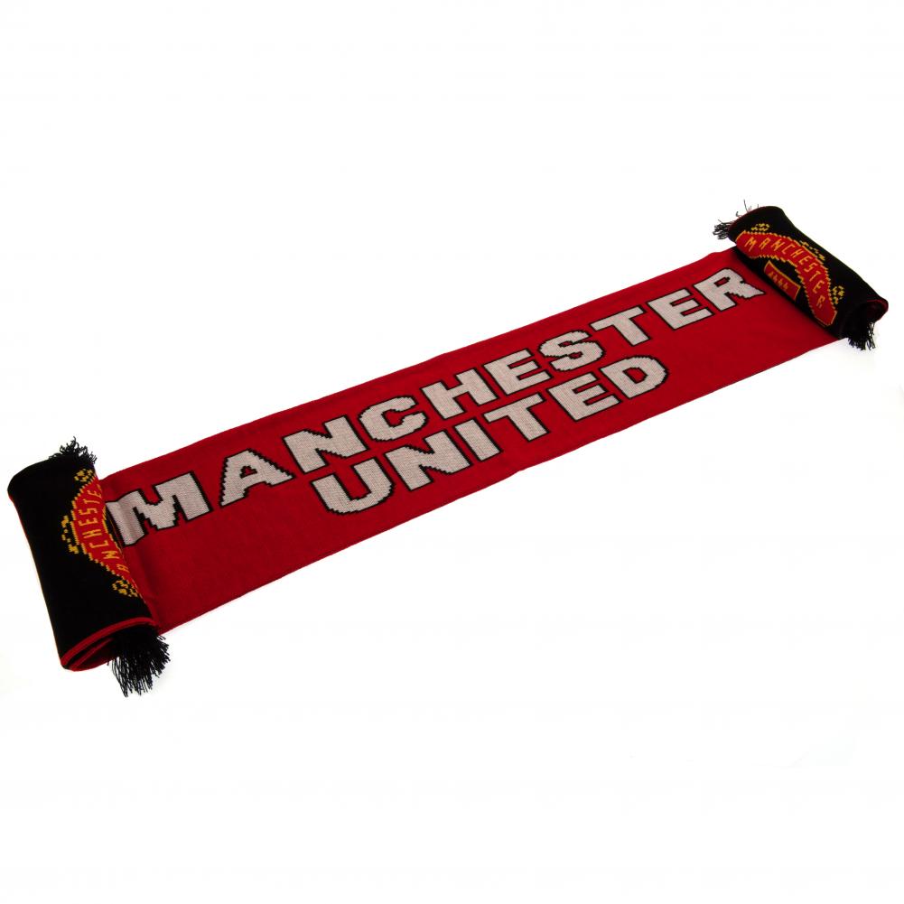 Manchester United FC red and black reversible jacquard knit stripe scarf with club name, crest and black fringe