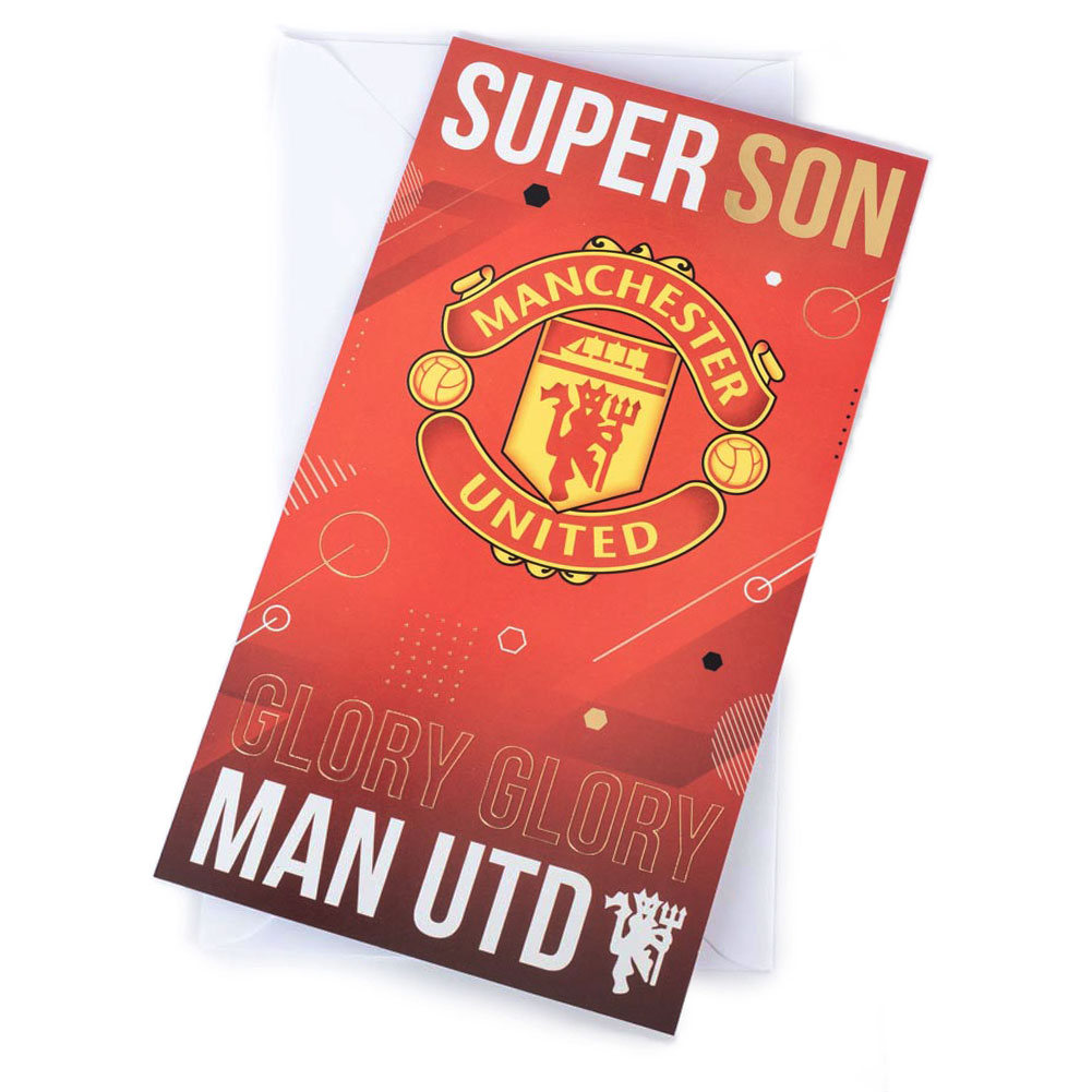 Manchester United FC vibrant red gloss Super Son birthday card with a full colour crest and Man Utd text