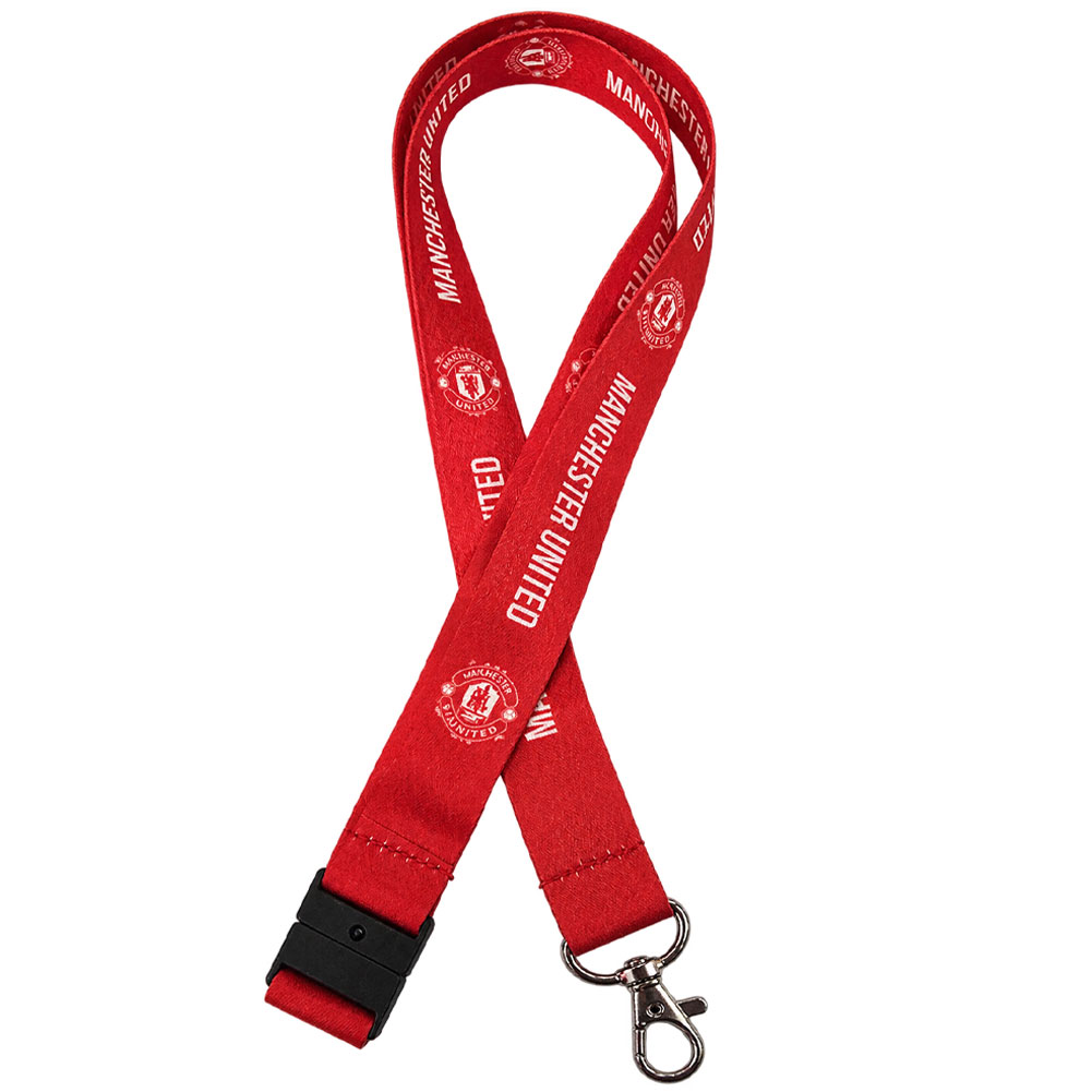 Manchester United FC red satin finish printed lanyard with white Manchester United text and club crest