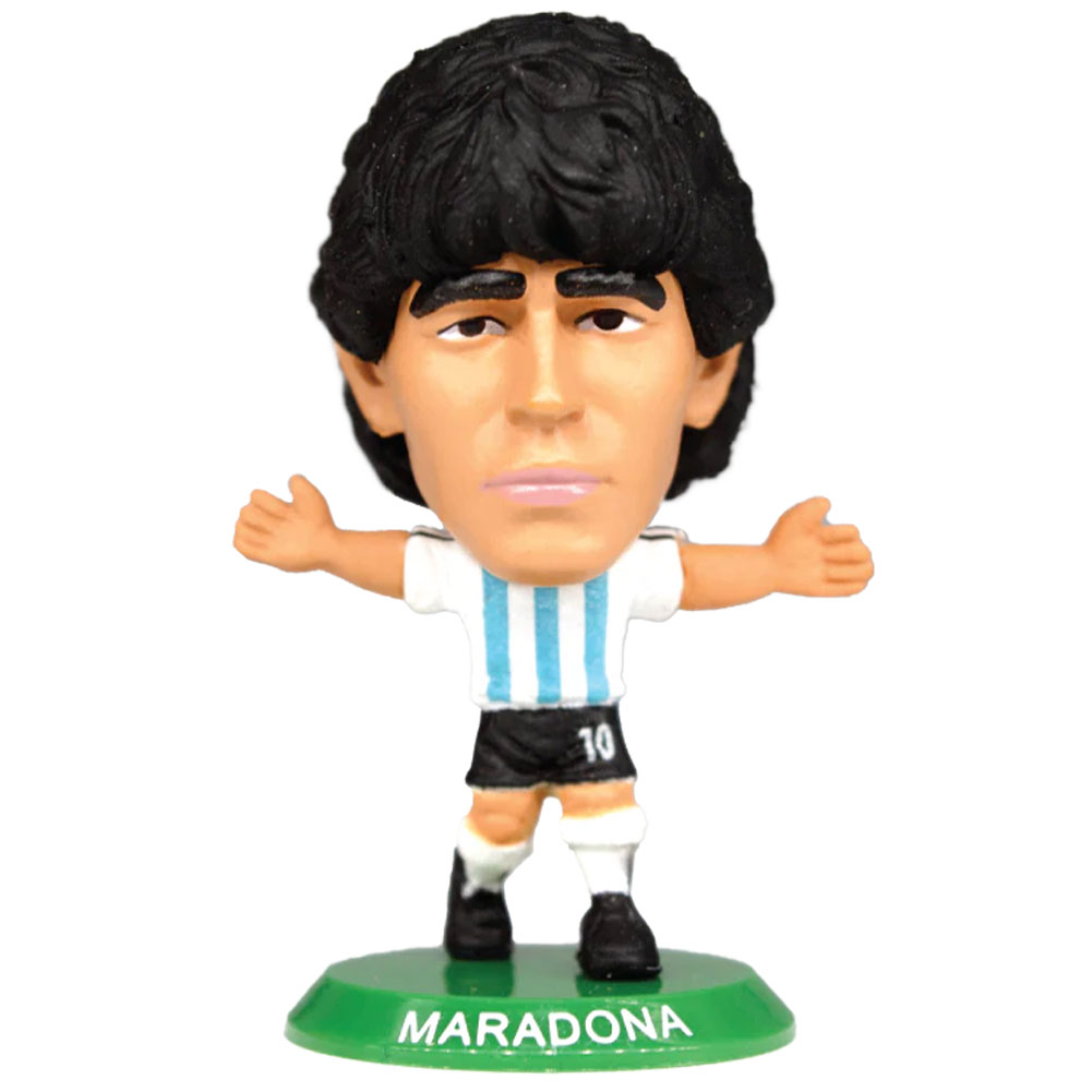 Maradona SoccerStarz figure in the classic Argentina kit standing on a green base in a blister pack