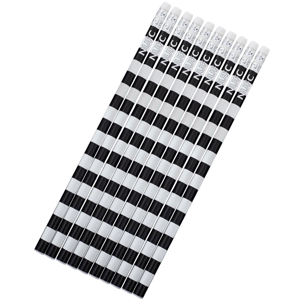 Ten black and white striped Newcastle United pencils with NUFC text and eraser tops in a card packet