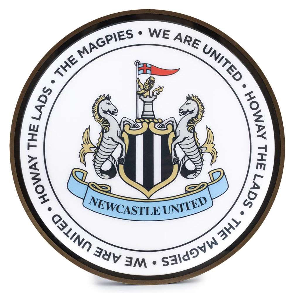 Newcastle United FC 12 inch LED wall light with a full colour crest in the centre and slogans around the edge