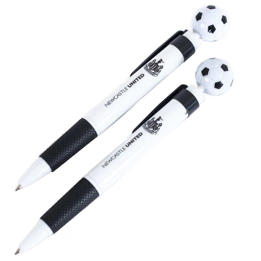 Newcastle United FC pack of two black and white retractable ballpoint pens with football toppers and a crest