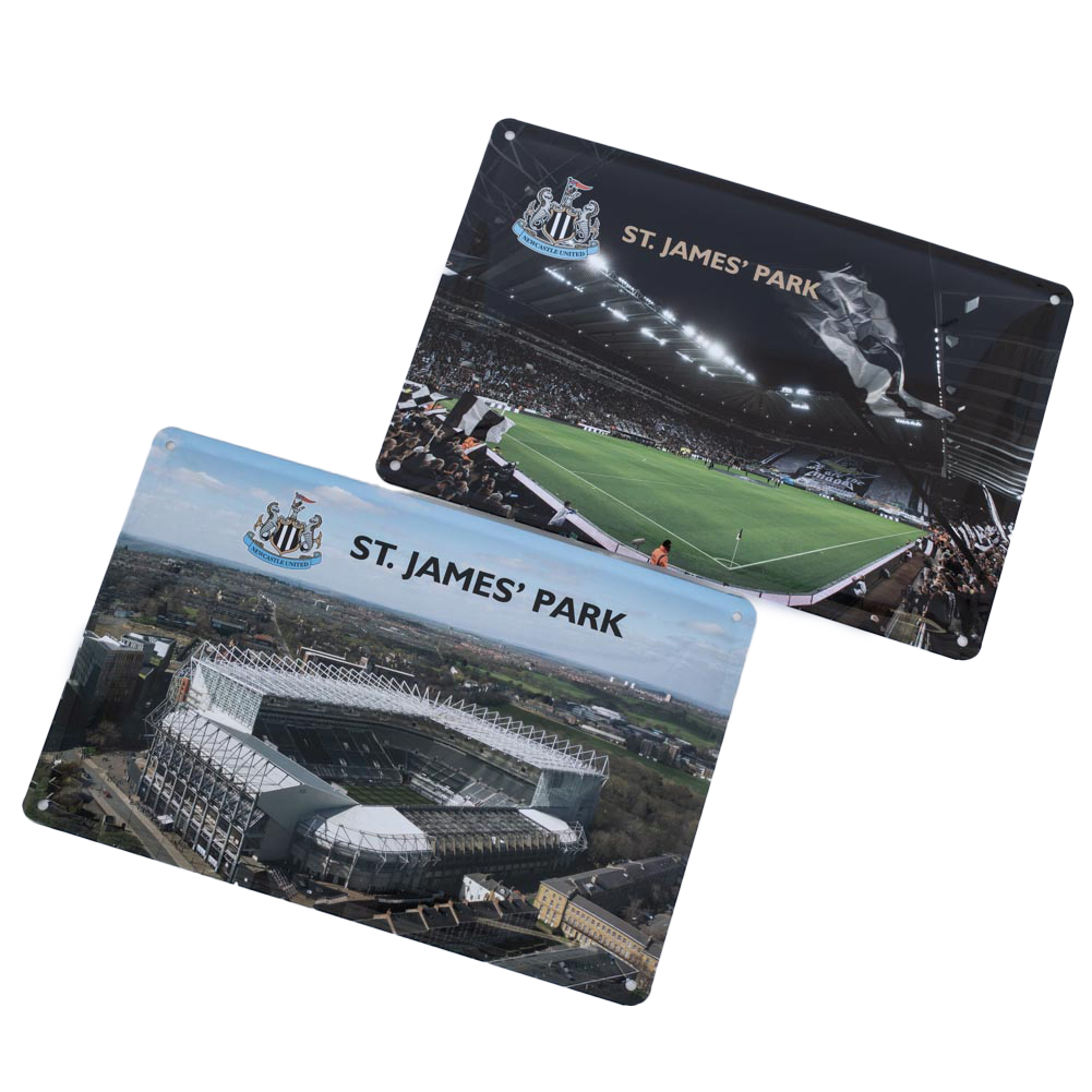 Pair of Newcastle United FC deluxe metal signs with St James' Park interior and exterior photos and a crest