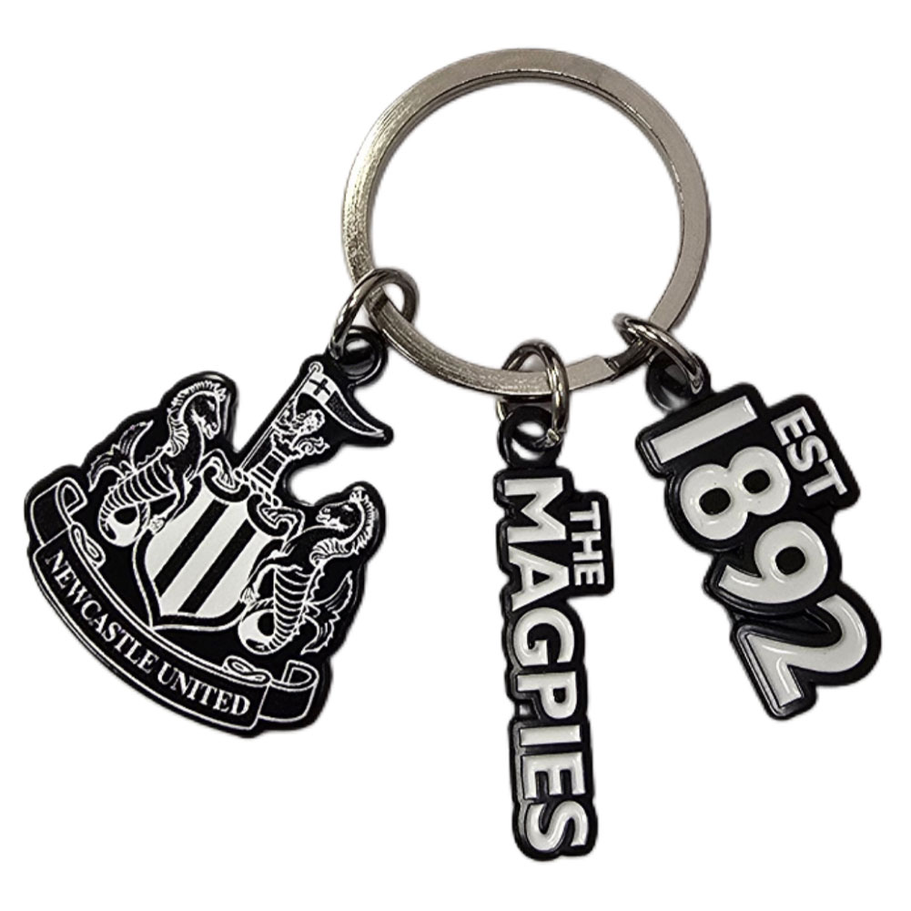 Newcastle United black and white 3 charm keyring with a club crest, established and magpie charms