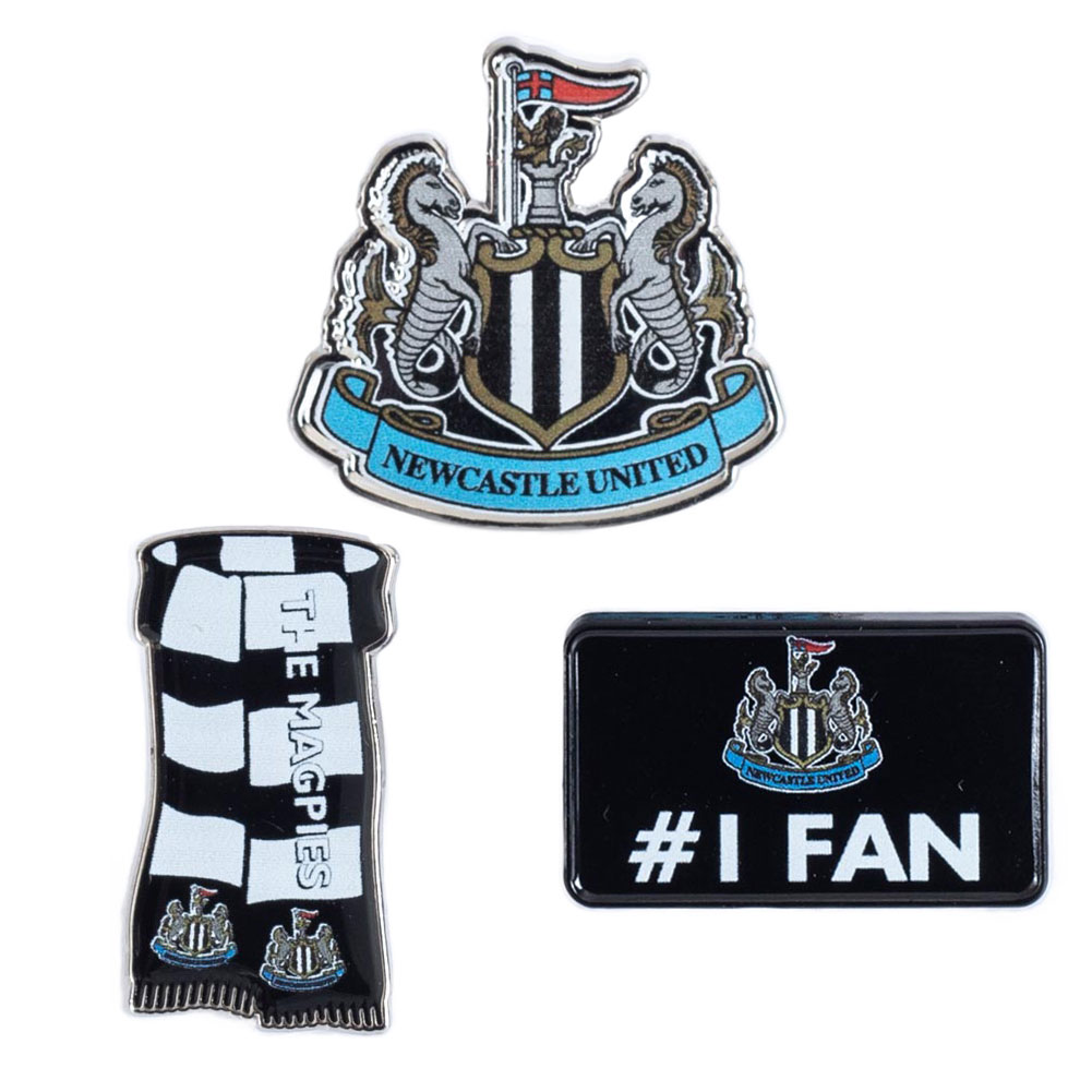 Newcastle United FC three piece pin badge set with a crest, supporters scarf and #1 Fan design