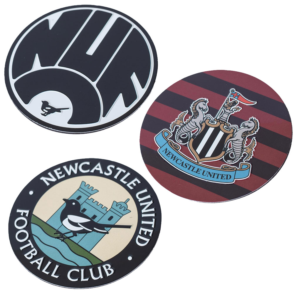 Pack of three Newcastle United raised design fridge magnets with different retro NUFC crests