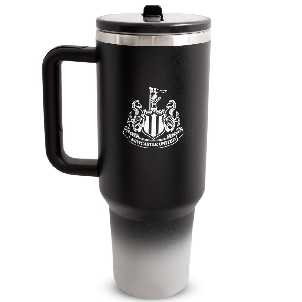 Black Newcastle United FC 40oz thermal tumbler with soft grip handle and drinking spout