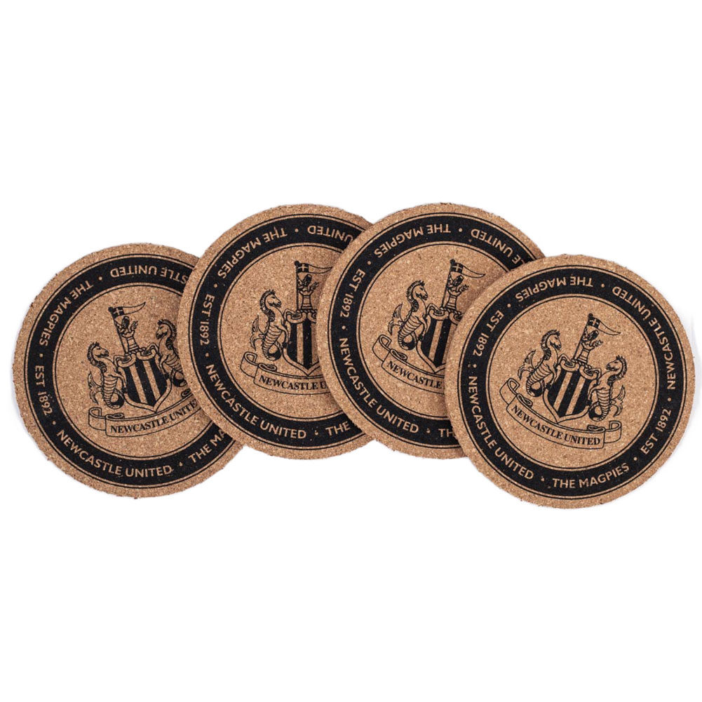 Set of four Newcastle United FC cork coasters printed with the NUFC crest and established date