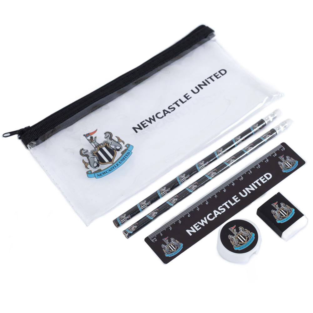 Newcastle United FC six piece stationery set: clear pencil case, pencils, rubber, sharpener, ruler